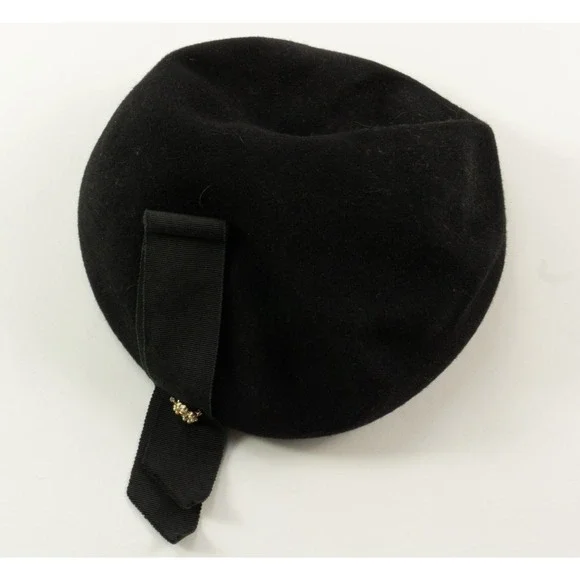 Vintage Glenover Felt Wool Beret Cap Henry Pollak Tat Gem Floral Pin Black