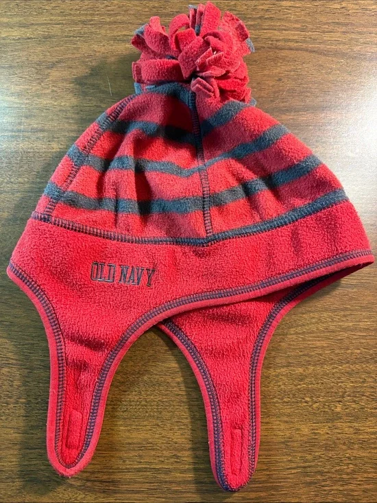 Old Navy Red and Gray Striped Fleece Earflap Hat with Pom