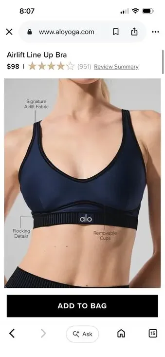 Alo Yoga Airlift Line Up Bra in Navy 98$