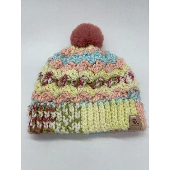 Handmade Knit Hat Beanie Womens One Size Multicolor Pom Bobble Chevron Winter