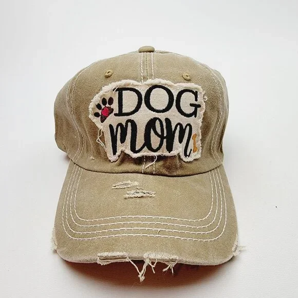 Dog Mom Distressed Relaxed Cotton Buckle Strap Full Cover Baseball Hat Cap Brown