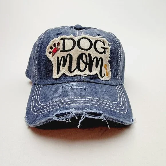 Dog Mom Distressed Relaxed Buckle Strap Full Cover Baseball Hat Cap Dark Blue