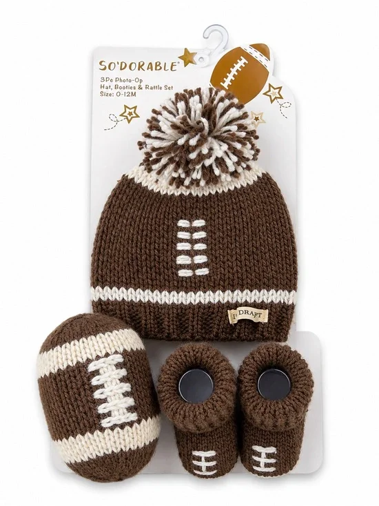 So'Dorable Brown & Cream Football Knit Hat, Booties & Rattle Set