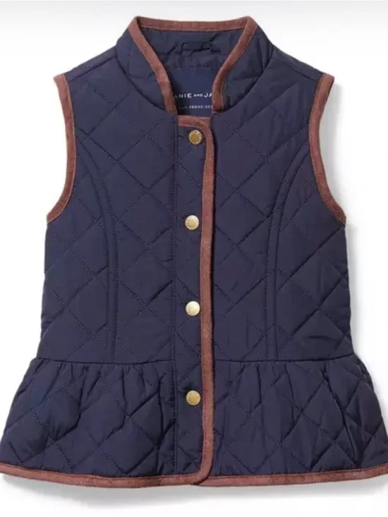 Janie and Jack Navy Quilted Peplum Vest with Brown Trim