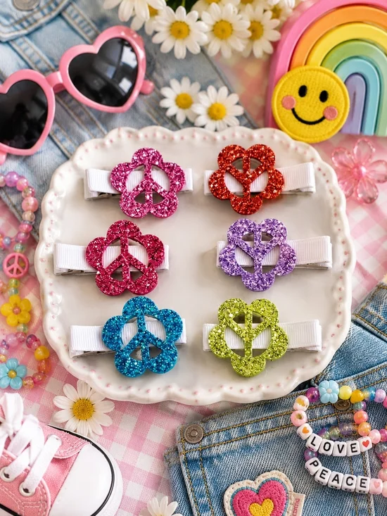 Shimmy Shimmy Inc Glitter Peace Sign Hair Clips Set of 6 Girls NWT