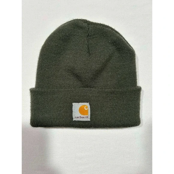 Carhartt Kids Knit Cuffed Beanie Hat Dark Olive Green Logo Patch‎ Winter Cap