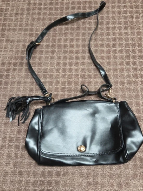 Black Leather Crossbody Bag with Tassel