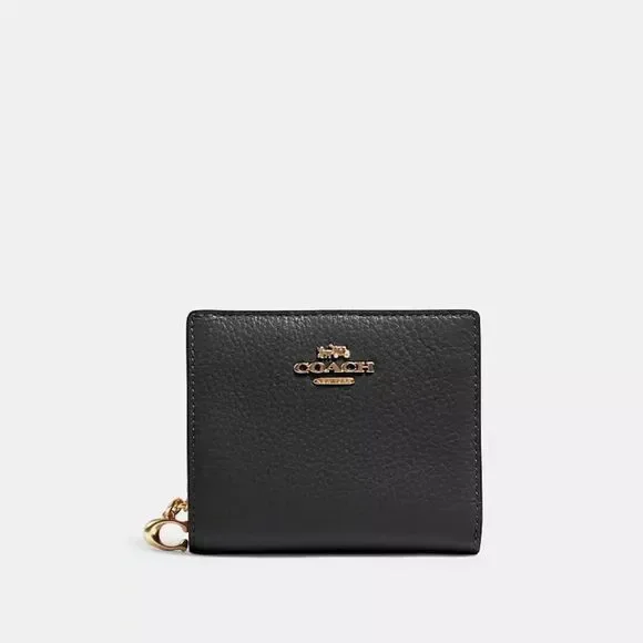NEW Coach Designer Black Leather Snap Wallet with Gold Accents