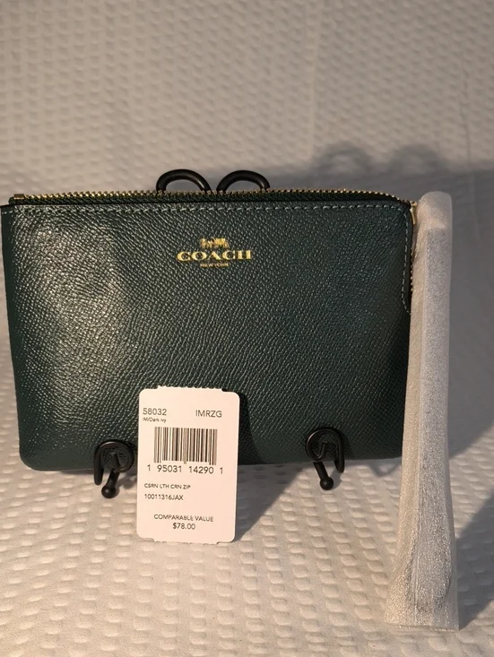 Coach L-Zip Wristlet Wallet in Forest Green with Gold Logo