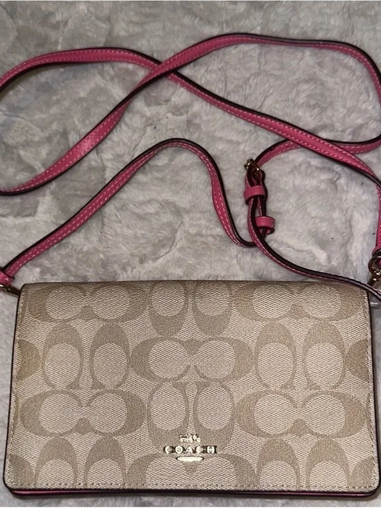 Coach Khaki Signature Canvas Crossbody with Pink Leather Strap