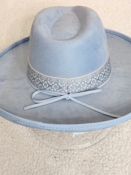Women's Wide Brim Embroidered Band . Hat in Light Blue