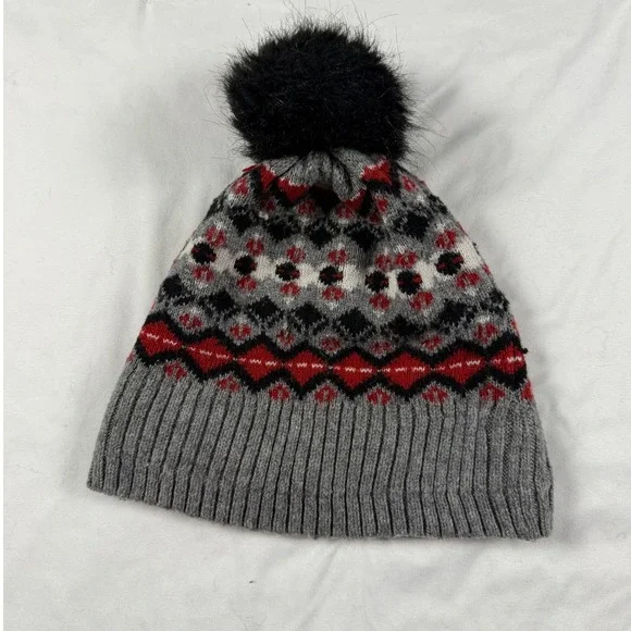 Vera Bradley Fair Isle Beanie Gray Red‎ Fleece Lined Pom Pom Winter Hat Nordic