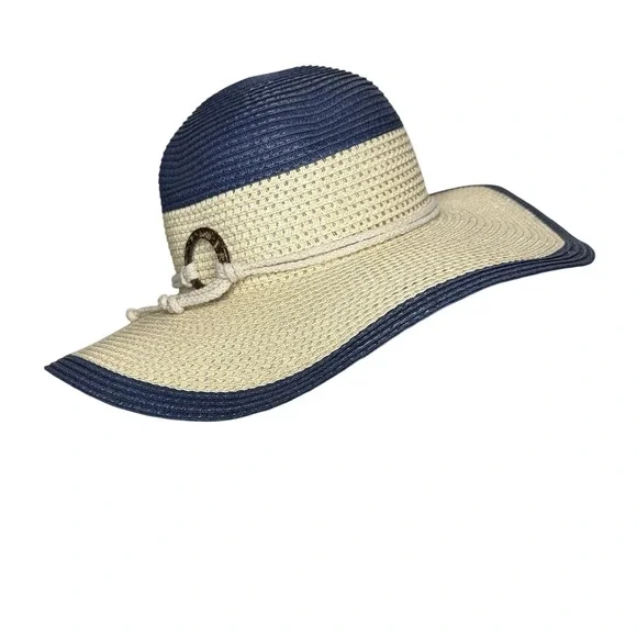 Panama Jack Wide Floppy Brim Straw Polyester Sun Hat Beige White Beach Pool New‎