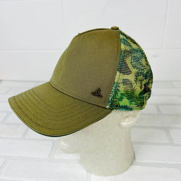 Prana Women Olive Green Tropical Mesh Trucker Hat Snapback Organic Cotton Blend