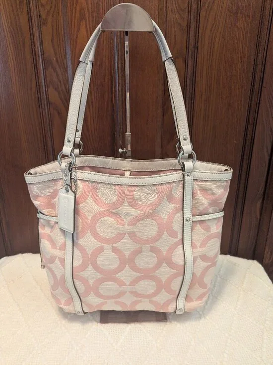Coach Audrey Op Art Shantung Signature Pink & White Tote Crossbody 19572