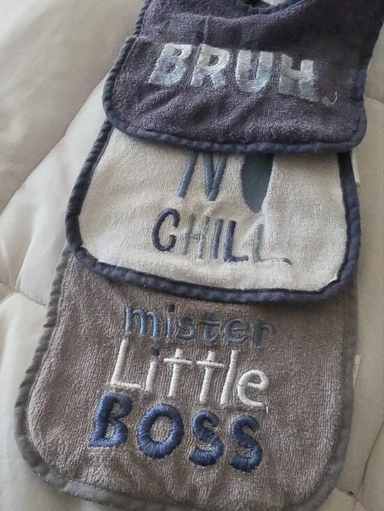 2/$5 3 Pc Baby Bibs Set - Grey and White 'Mister Little Boss' 'No Chill' 'Bruh'