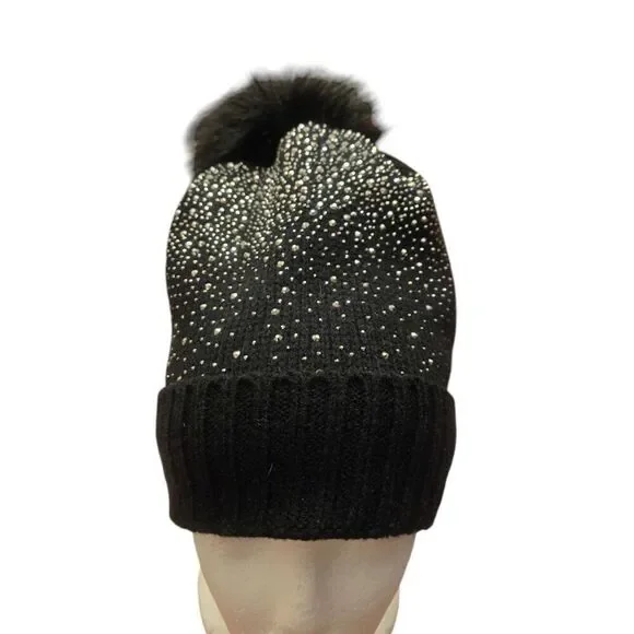 Women's One Size Black Knit Embellished Rhinestones & Faux Fur Pompom Hat