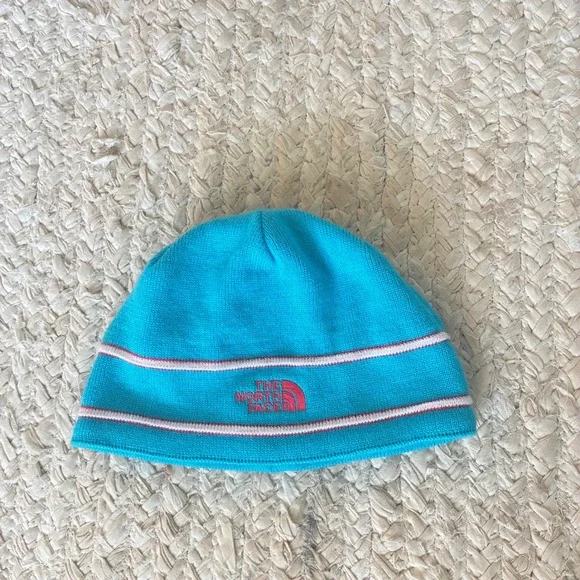 The North Face Beanie Kids Youth Medium Blue Striped Knit Logo Winter Hat