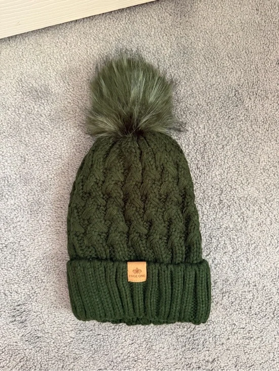 Olive Green Cable Knit Pom Beanie