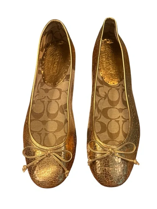 Coach Lonnie Metallic Gold Crackle Ballet Flats with Bow Size 10