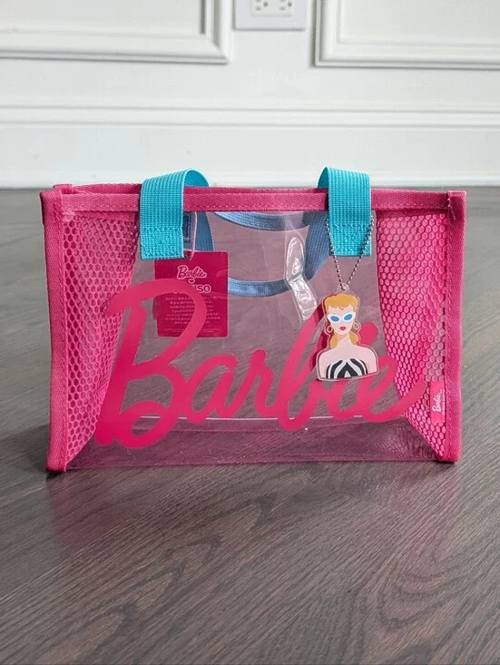Barbie Pink Clear Tote Bag with Blue Handles