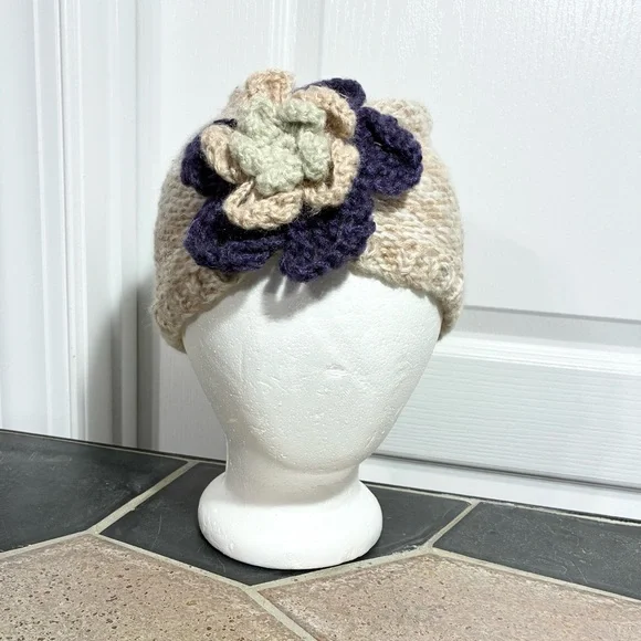 Crochet Flower Accent Hand Knit Beanie Oatmeal Purple Sage