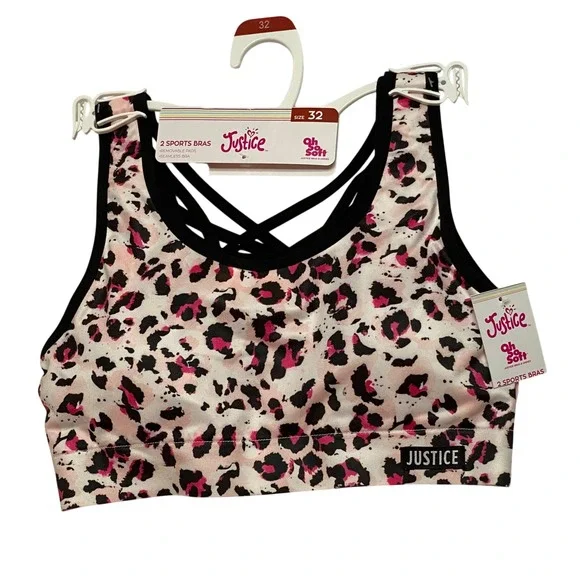 Justice Girls 2 Pack Sports Bras Size 32 Leopard Pink Strappy Back‎ Seamless NWT