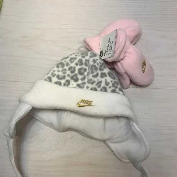 Nike Toddler Fleece Chin Strap Trapper Hat & Mittens 2 Piece Set Racer Pink 2-4T