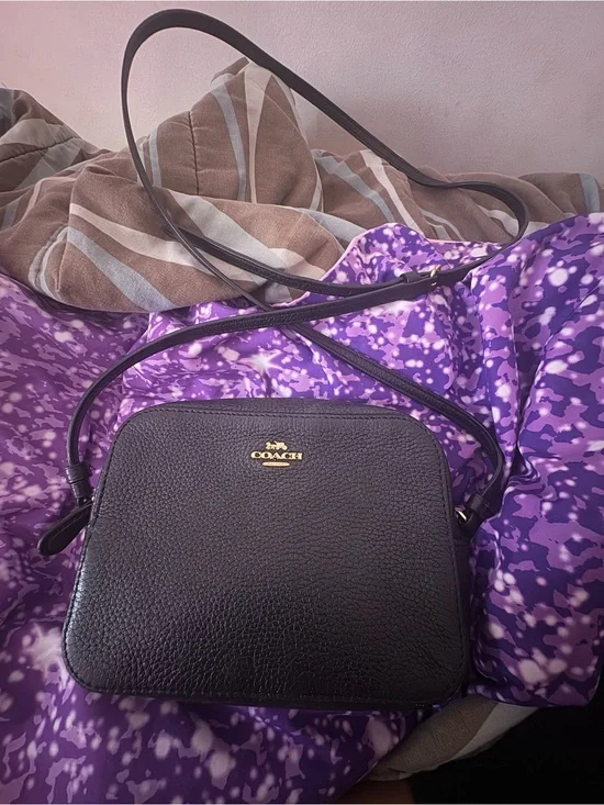 Coach Black Pebbled Leather Mini Crossbody with Gold Logo
