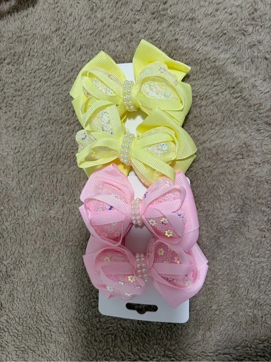 Yellow and Pink Kids Hair Bows with Pearl Center