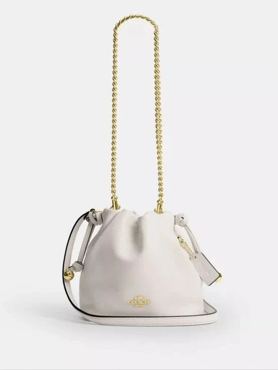 NWT! Coach White Leather Drawstring Bucket Bag with Gold Chain Strap