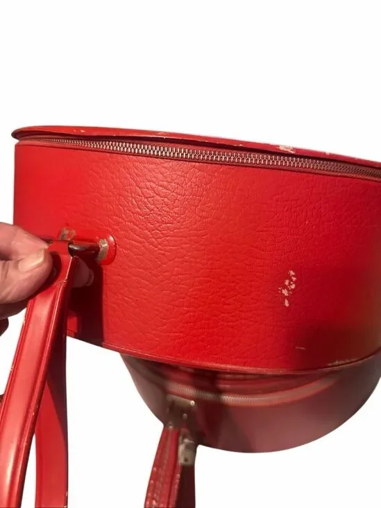Vintage Genuine Red Leather Zippered Round Travel Case Hat Box