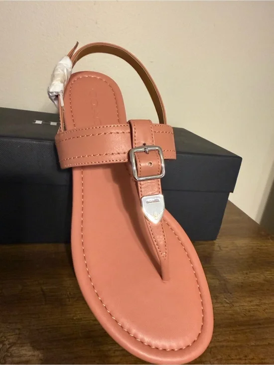 Coach Coral-Peach Leather T-Strap Sandal with Silver Buckle