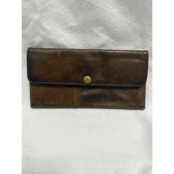 Vintage Coach Brown Leather Envelope Wallet Gold Snap Card Holder