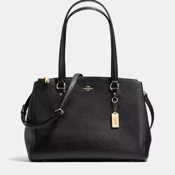 Coach Black Leather Double-Handle Crossbody Satchel with Gold Hardware