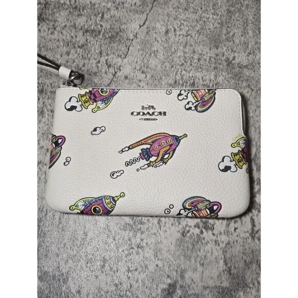 Coach Corner Zip Wristlet in Cosmic Rocket Print Chalk Multi Pebble Leather