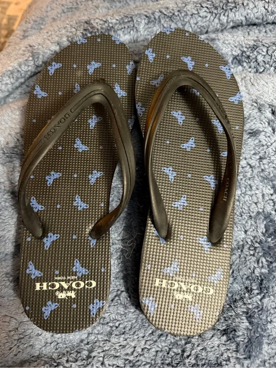 Coach Women’s Black Flip-Flops with Light Blue Butterflies