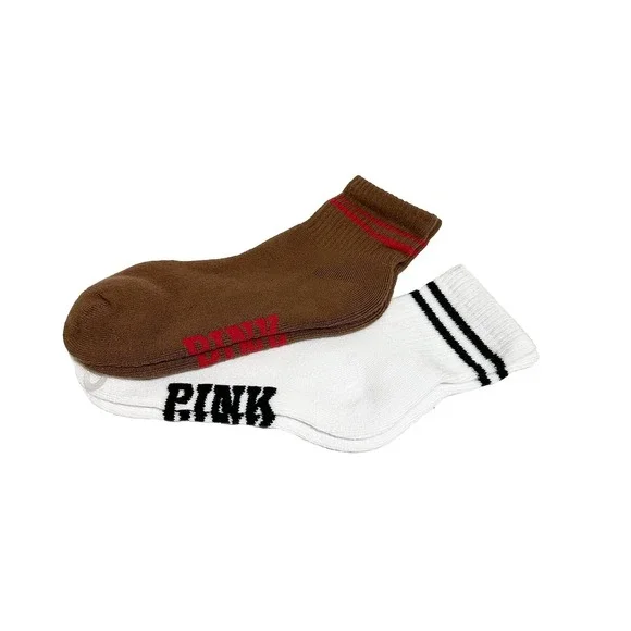 Victoria's Secret PINK Quarter Socks 2 Pairs One Size Brown White