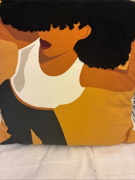 Kia A “Decorative Mustard Yellow Illustration Throw Pillow w/Black Hair Motif