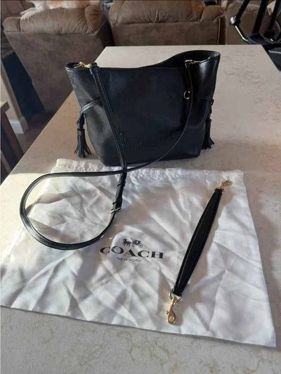 Coach Black Pebbled Leather Shoulder Tote with Tassels and Gold Hardware