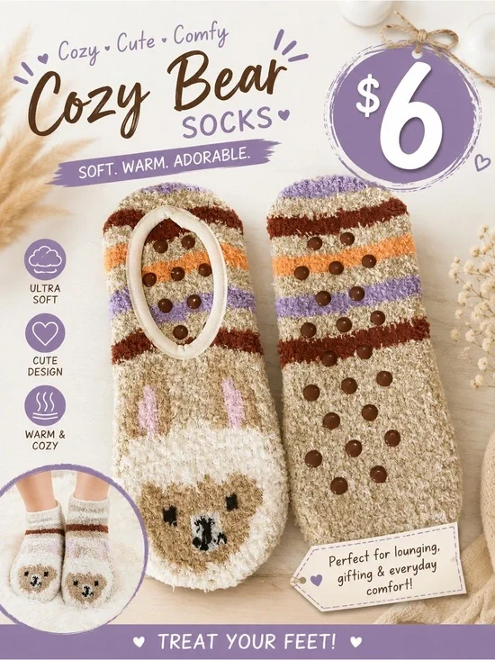 🩷. Adult Non-Slip Fuzzy Socks - Beige & Purple