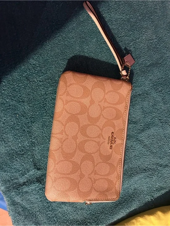 Coach Tan Signature Zip Wristlet with Logo Print