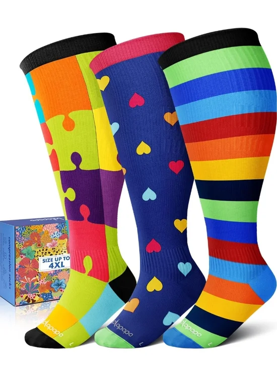 NWT 3-Pair Wide Calf Compression Knee-High Socks - Bright Multi-Color Pack
