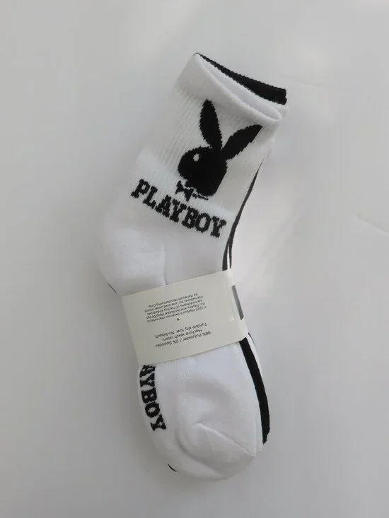 (#142) Playboy White n Black 5-PK Signature Logo Bunny Cushioned Crew Socks