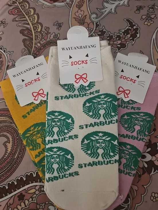 Women’s Crew Socks - White/Green/pink Starbucks Logo Pattern Pink Is Gone   2 Pr