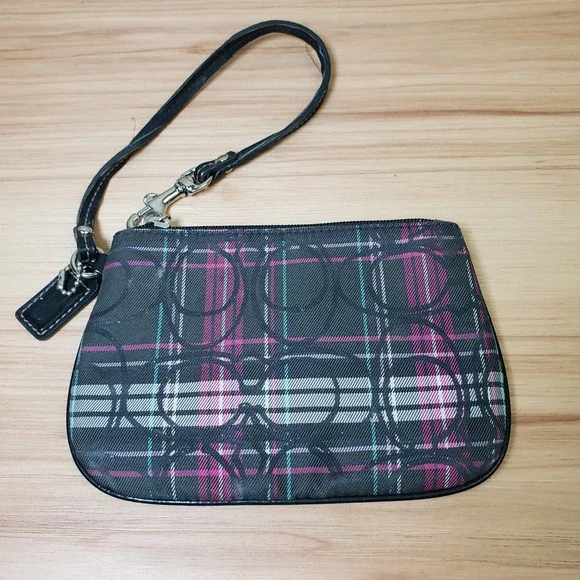 Y2K Coach Poppy Wristlet BlackLogo Print Pink Tartan Plaid Dark Fairy‎ Grunge
