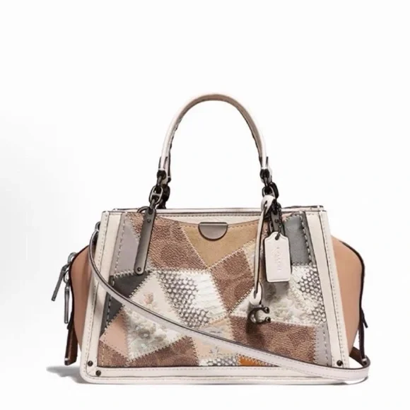 Coach Dreamer Patchwork Leather Satchel Handbag in Beige & Brown
