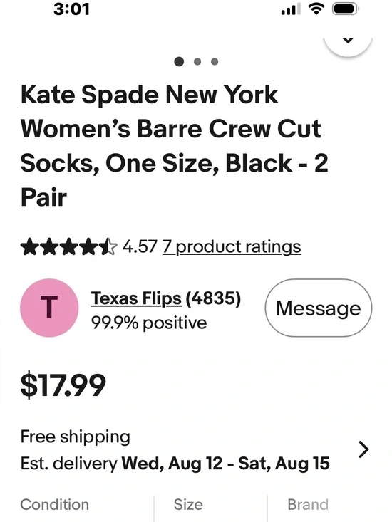 kate spade Black Barre Crew Cut Women’s Socks - 2 Pair