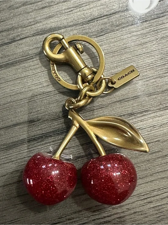 Coach Gold-Tone Hardware with Red Glitter Cherry Charm Keychain
