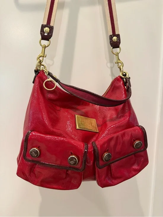 Coach Red Patent Leather Shoulder Bag with Dual Front Pockets